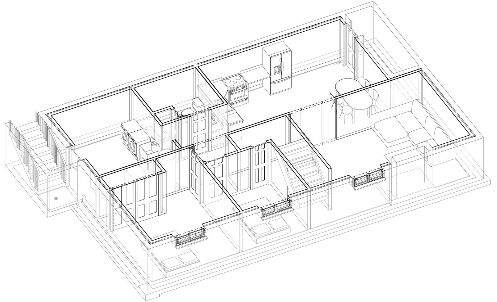 3D cutaway of a finished basement suite