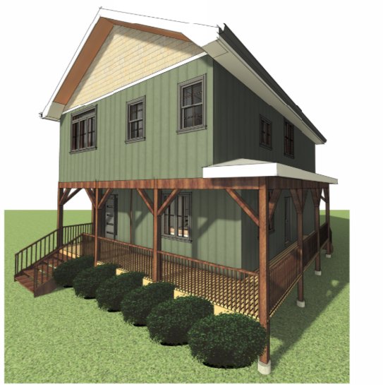 3D rendering of a two-storey green board-and-batten house with a timber-framed covered porch