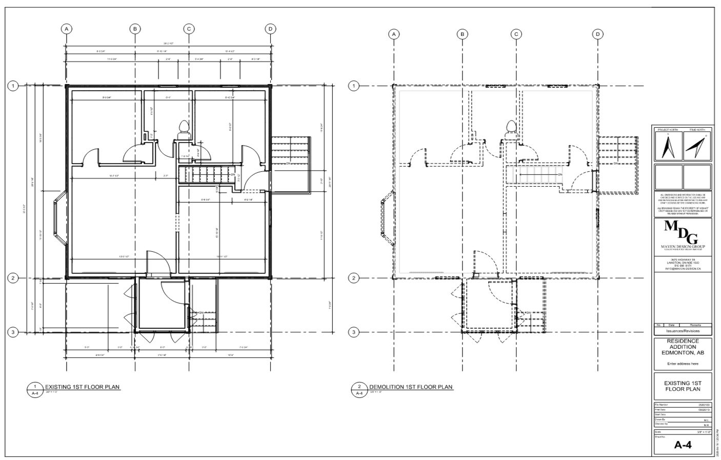 Sheet A-4, existing and demolition first floor plans